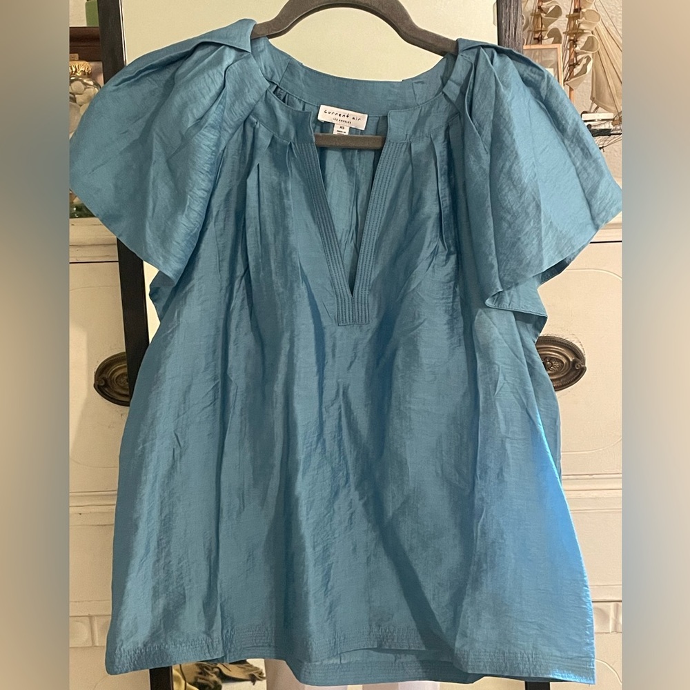 Current Air Frill-sleeve Blue V-neck Blouse